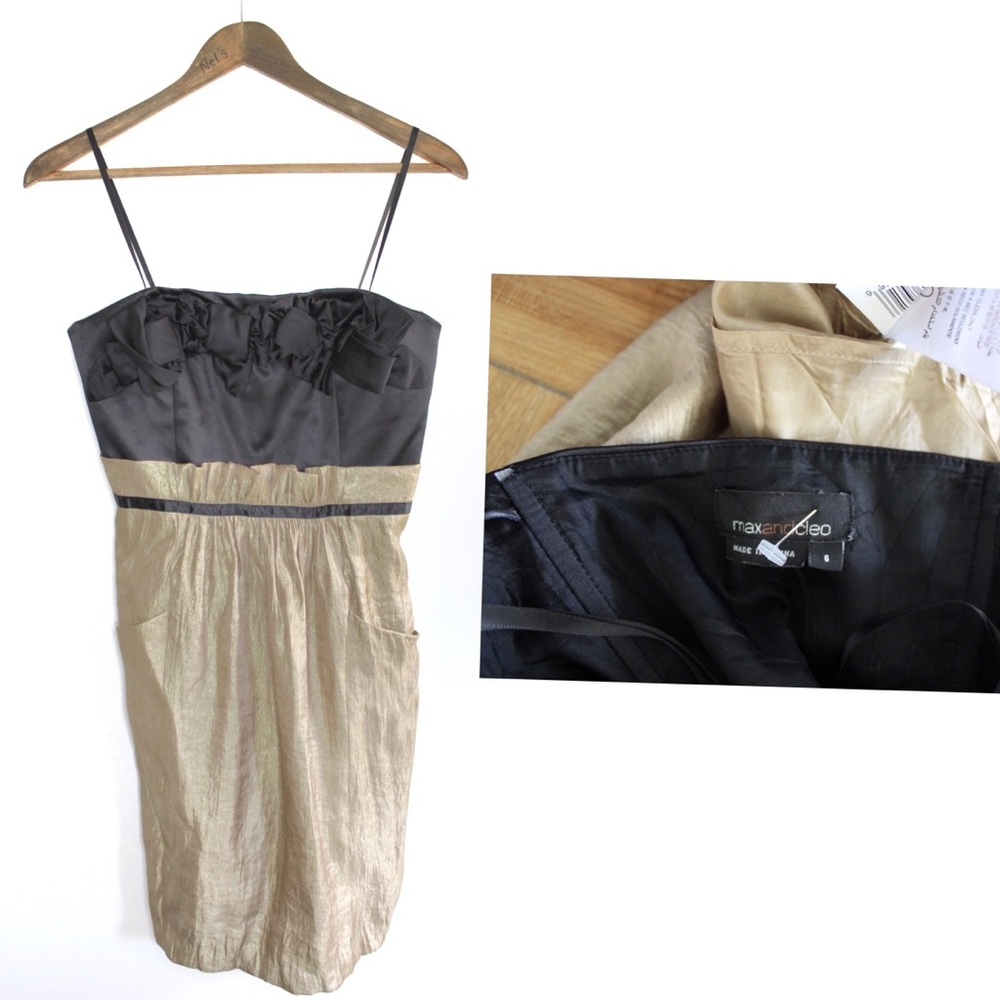 Max & Cleo Gold and Black Bow tie Strappy Mini Dress 6